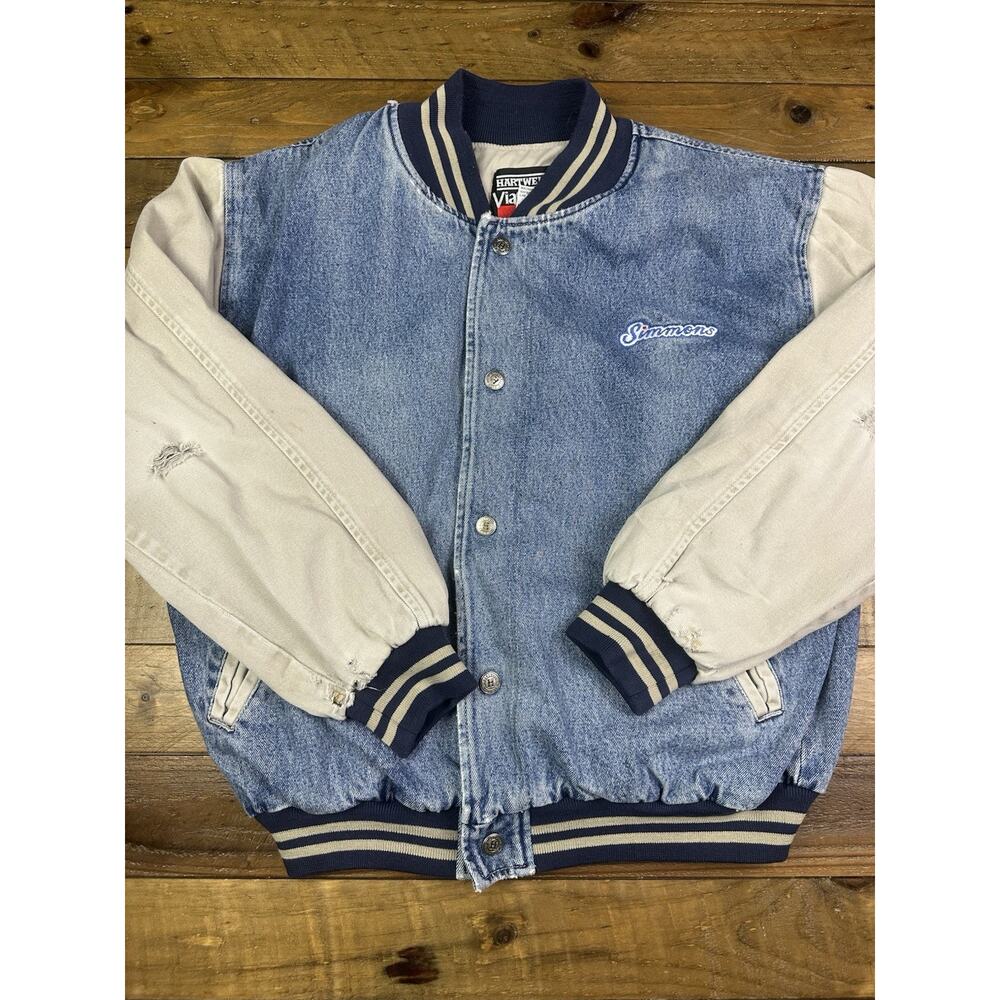 VINTAGE Hartwell ViaSport Jacket Mens L Blue Denim Varsity Bomber Coat 90s